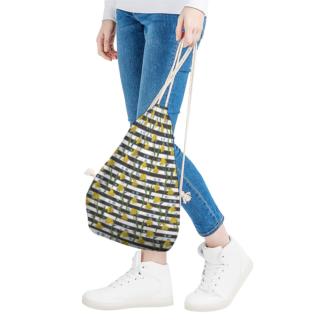 Yellow Daffodil Striped Pattern Print Drawstring Bag