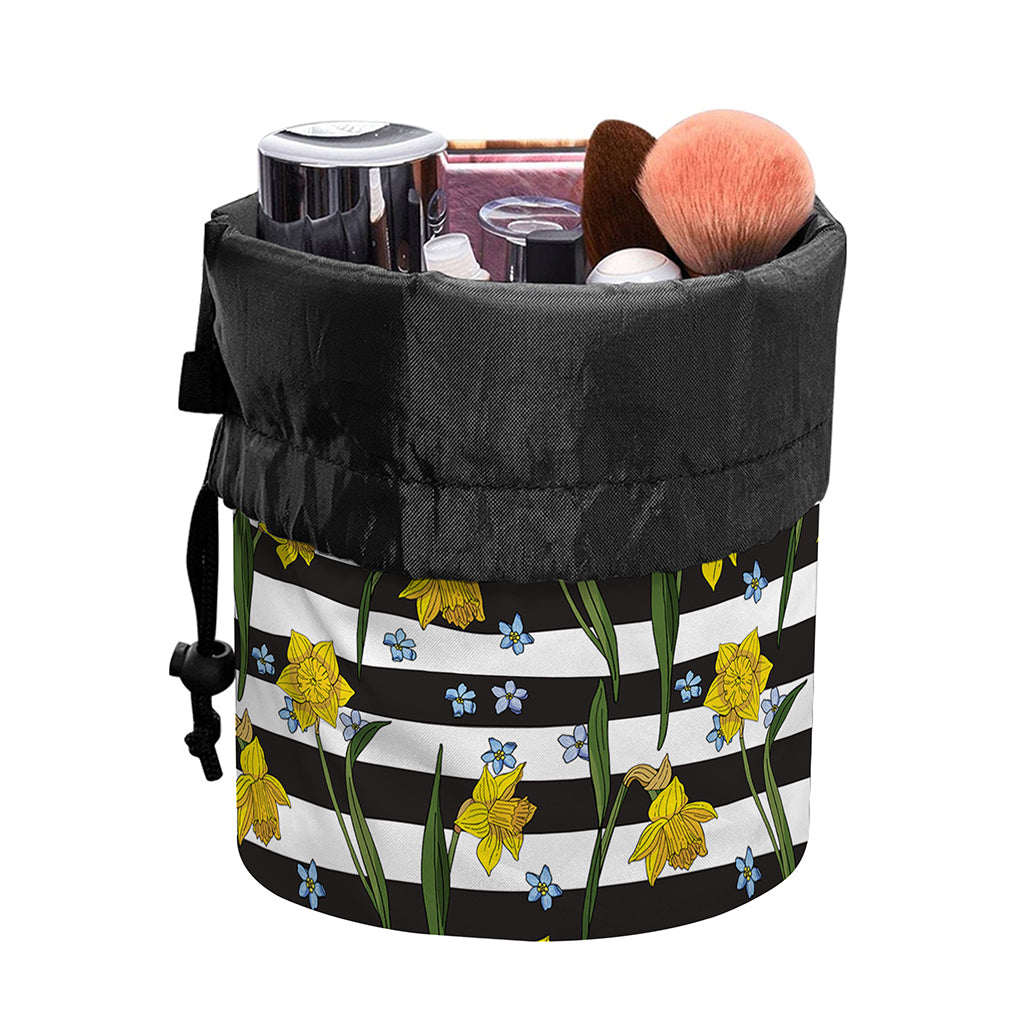 Yellow Daffodil Striped Pattern Print Drawstring Makeup Bag