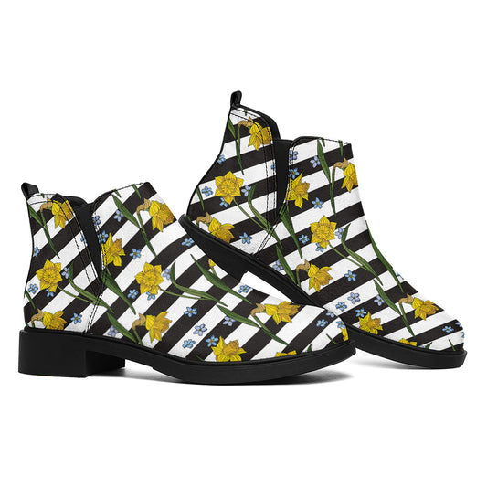 Yellow Daffodil Striped Pattern Print Flat Ankle Boots