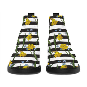 Yellow Daffodil Striped Pattern Print Flat Ankle Boots