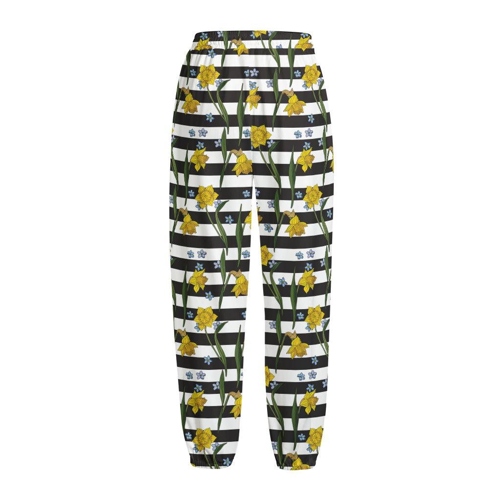 Yellow Daffodil Striped Pattern Print Fleece Lined Knit Pants