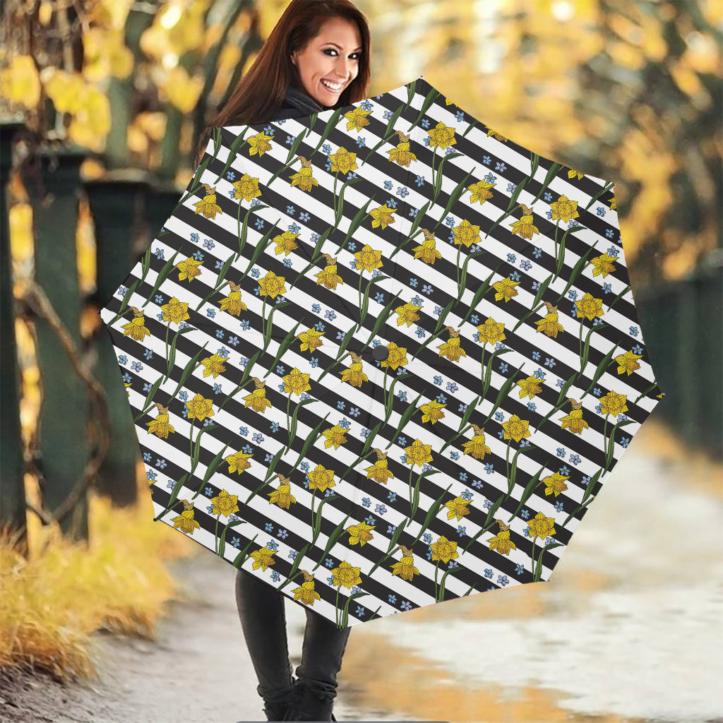 Yellow Daffodil Striped Pattern Print Foldable Umbrella