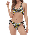 Yellow Daffodil Striped Pattern Print Halter Scoop Tie Side Bikini