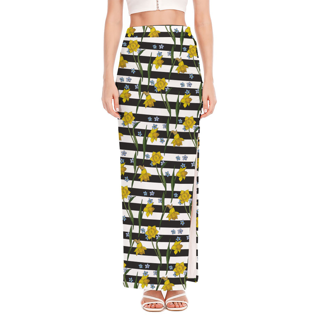 Yellow Daffodil Striped Pattern Print High Slit Maxi Skirt