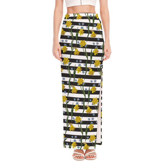 Yellow Daffodil Striped Pattern Print High Slit Maxi Skirt