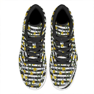 Yellow Daffodil Striped Pattern Print High Top Leather Sneakers