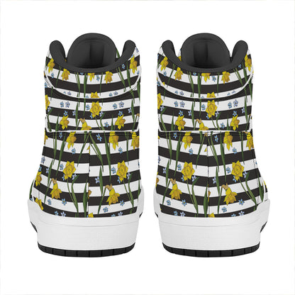 Yellow Daffodil Striped Pattern Print High Top Leather Sneakers