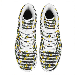 Yellow Daffodil Striped Pattern Print High Top Leather Sneakers