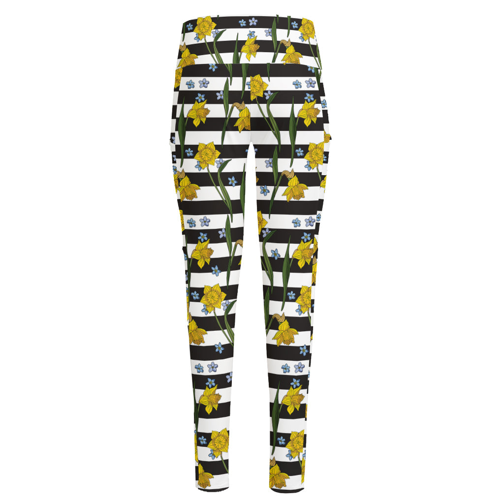 Yellow Daffodil Striped Pattern Print High-Waisted Pocket Leggings