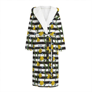 Yellow Daffodil Striped Pattern Print Hooded Bathrobe