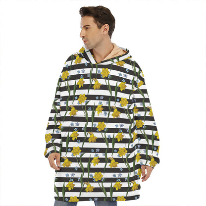 Yellow Daffodil Striped Pattern Print Hoodie Blanket