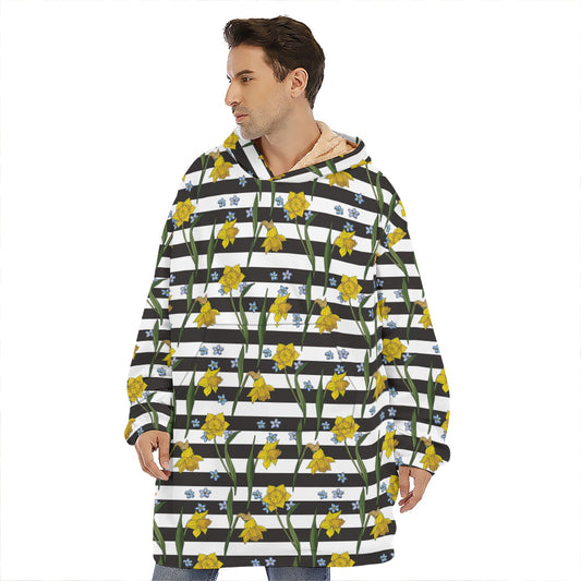 Yellow Daffodil Striped Pattern Print Hoodie Blanket