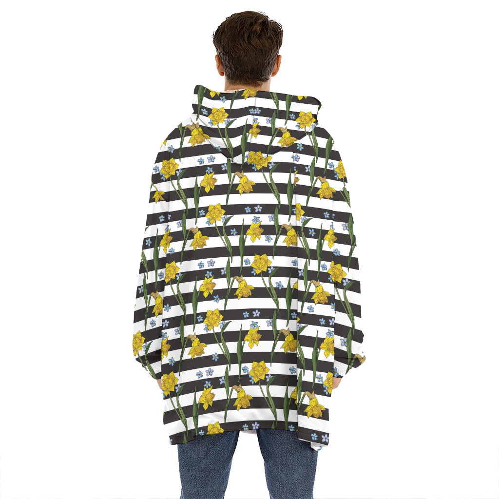 Yellow Daffodil Striped Pattern Print Hoodie Blanket