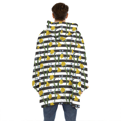 Yellow Daffodil Striped Pattern Print Hoodie Blanket