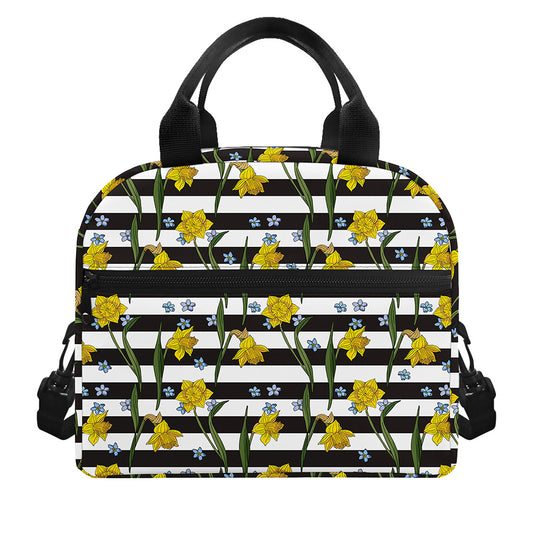 Yellow Daffodil Striped Pattern Print Insulated Lunch Bag