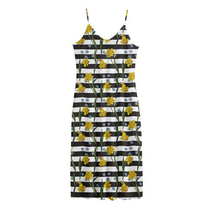 Yellow Daffodil Striped Pattern Print Jersey Midi Cami Dress