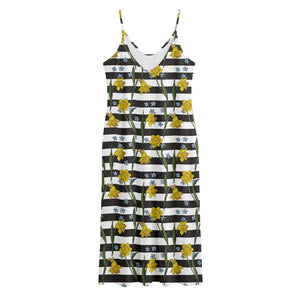 Yellow Daffodil Striped Pattern Print Jersey Midi Cami Dress