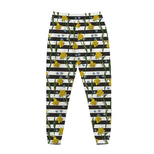 Yellow Daffodil Striped Pattern Print Jogger Pants