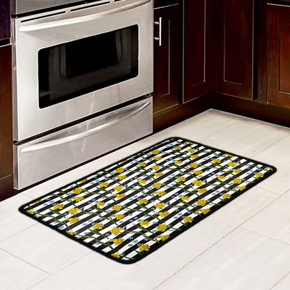 Yellow Daffodil Striped Pattern Print Kitchen Mat