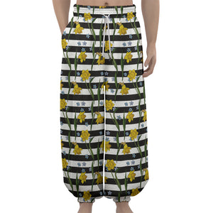 Yellow Daffodil Striped Pattern Print Lantern Pants