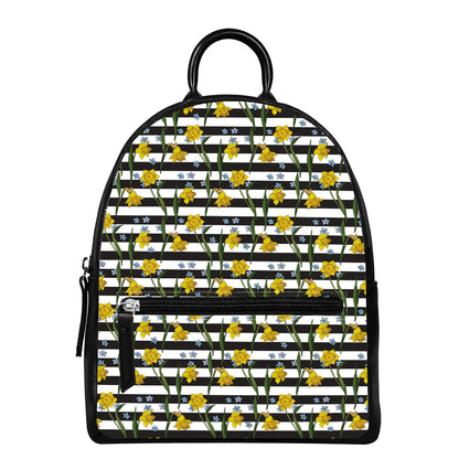 Yellow Daffodil Striped Pattern Print Leather Backpack