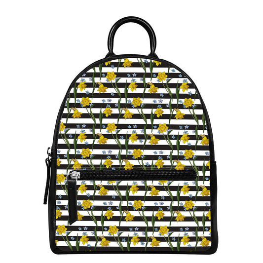Yellow Daffodil Striped Pattern Print Leather Backpack