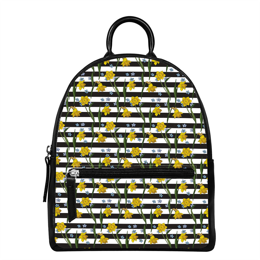 Yellow Daffodil Striped Pattern Print Leather Backpack