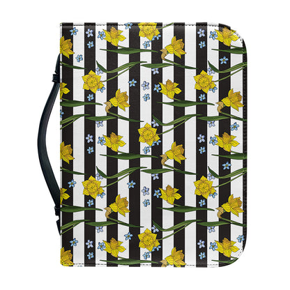 Yellow Daffodil Striped Pattern Print Leather Bible Cover