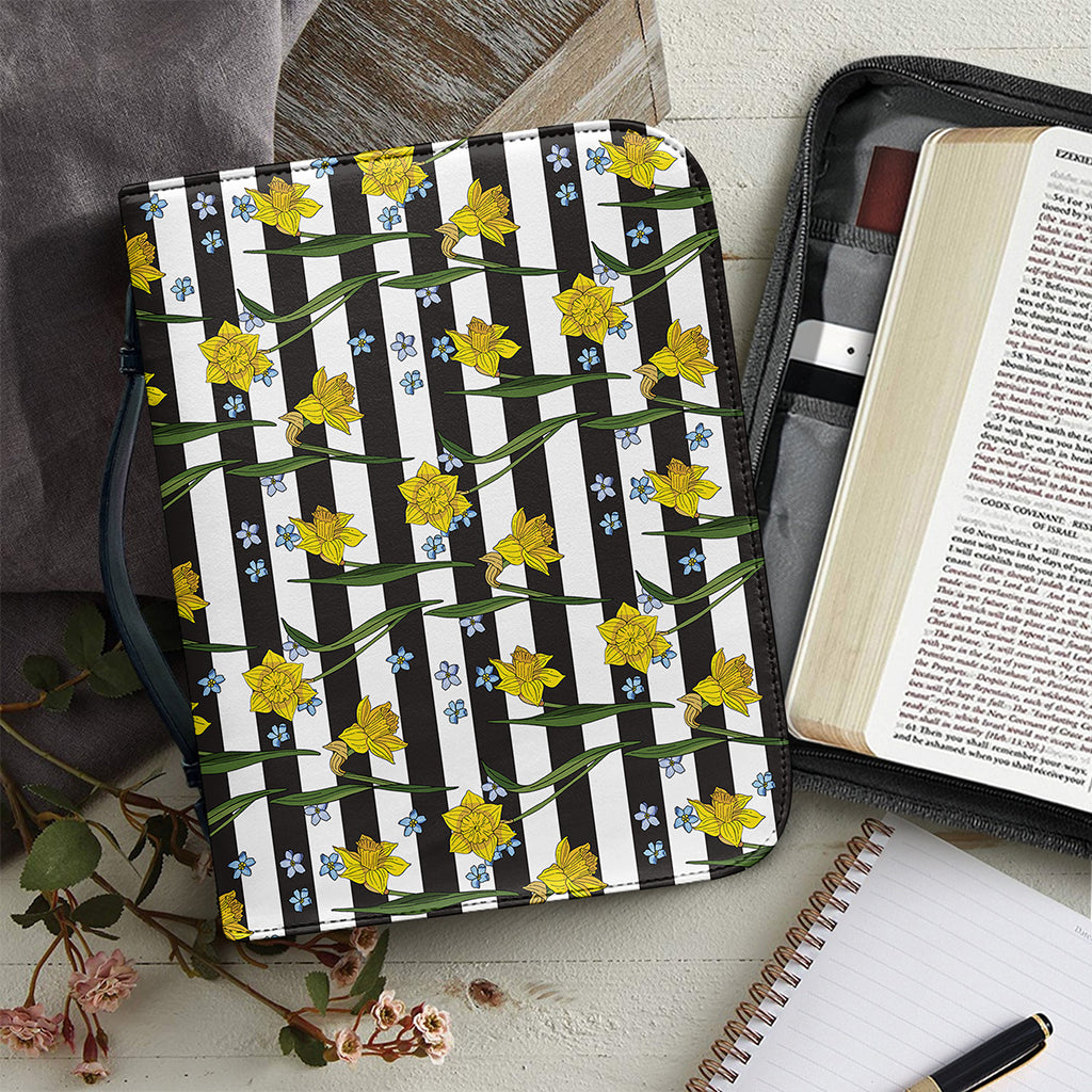 Yellow Daffodil Striped Pattern Print Leather Bible Cover