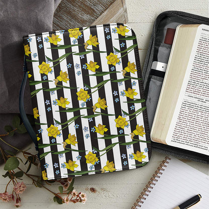 Yellow Daffodil Striped Pattern Print Leather Bible Cover