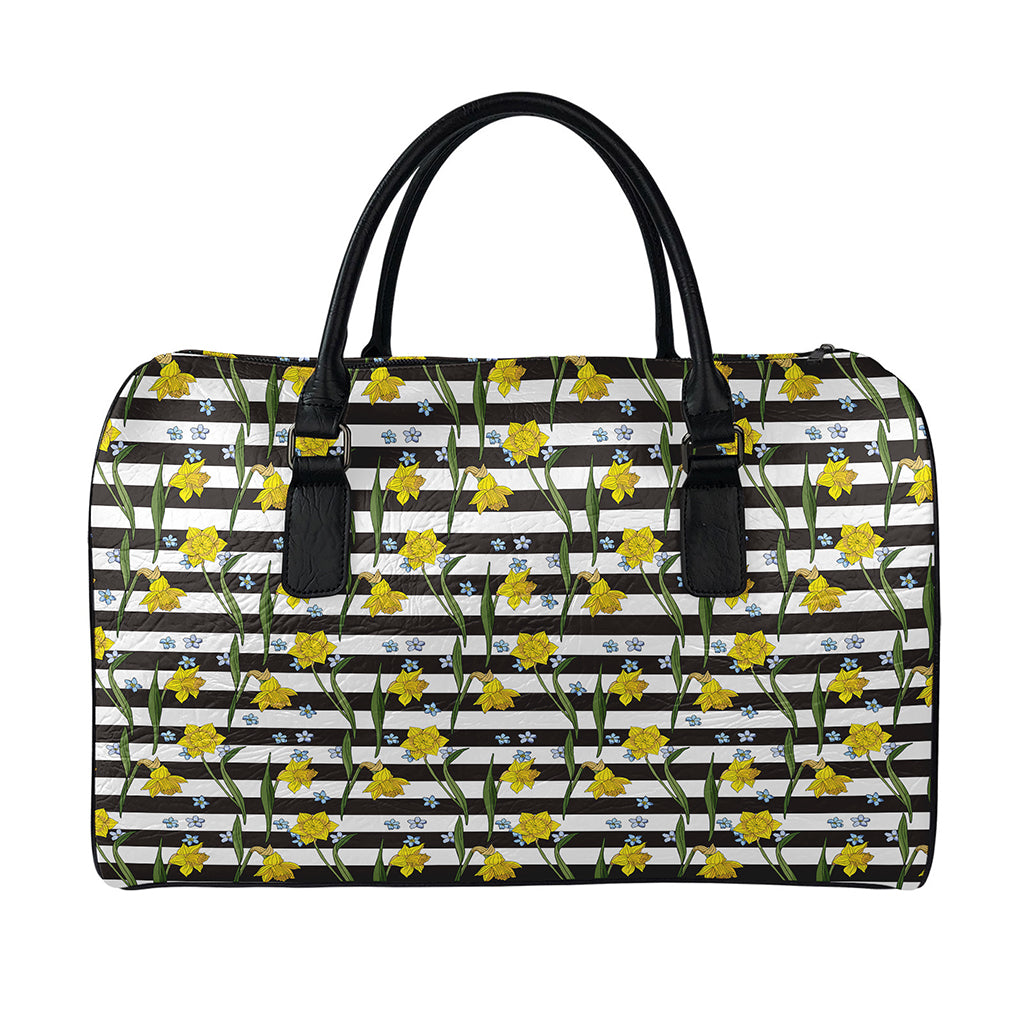 Yellow Daffodil Striped Pattern Print Leather Duffle Bag