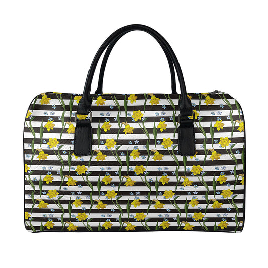 Yellow Daffodil Striped Pattern Print Leather Duffle Bag