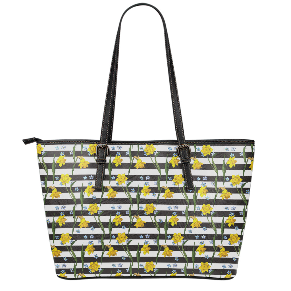 Yellow Daffodil Striped Pattern Print Leather Tote Bag