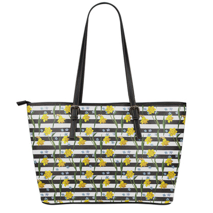 Yellow Daffodil Striped Pattern Print Leather Tote Bag