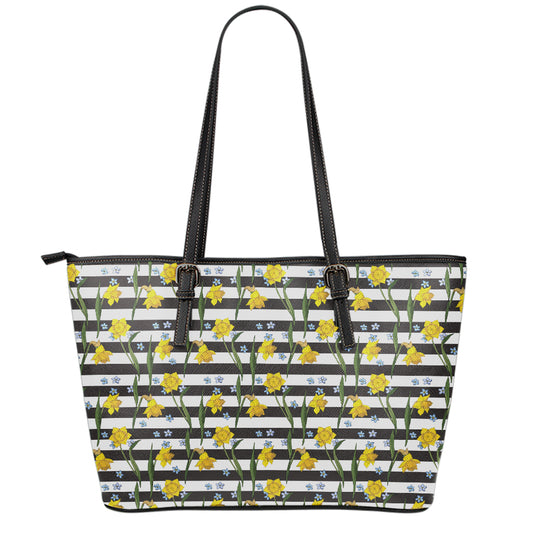 Yellow Daffodil Striped Pattern Print Leather Tote Bag