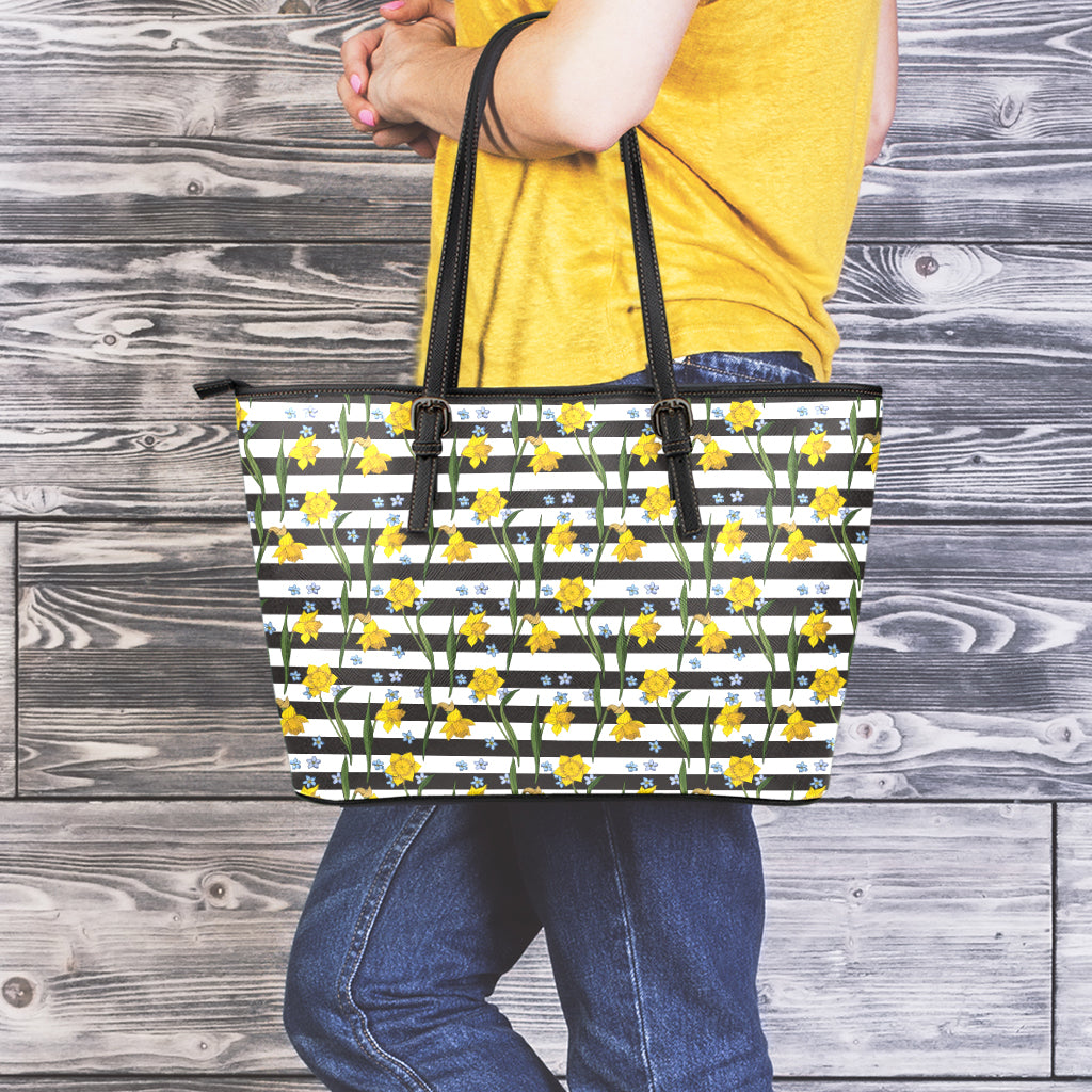 Yellow Daffodil Striped Pattern Print Leather Tote Bag