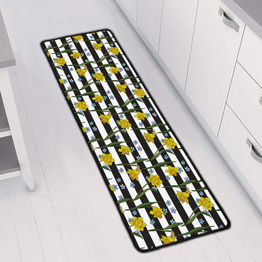 Yellow Daffodil Striped Pattern Print Long Kitchen Mat
