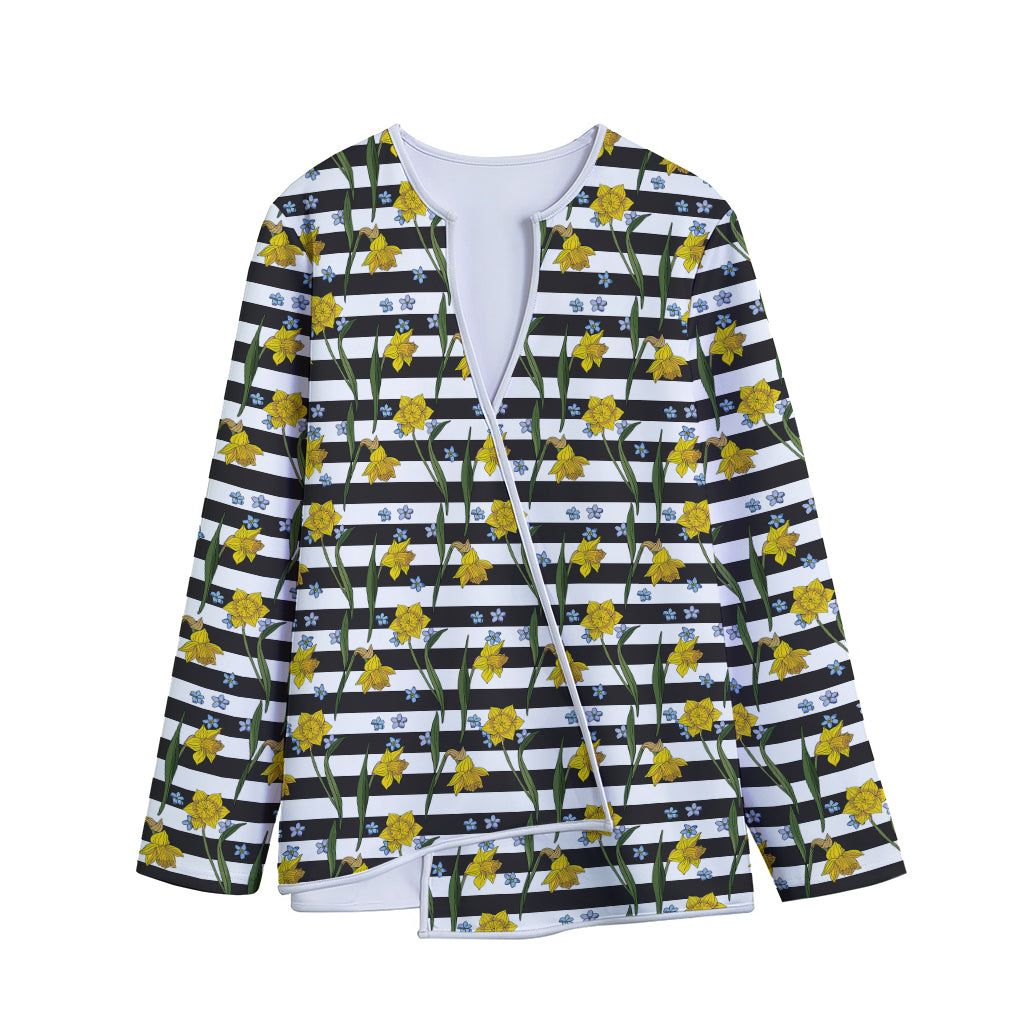 Yellow Daffodil Striped Pattern Print Long Sleeve Short Coat