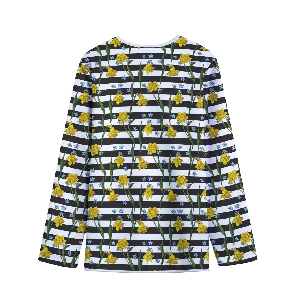 Yellow Daffodil Striped Pattern Print Long Sleeve Short Coat