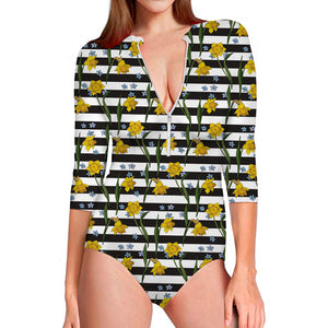 Yellow Daffodil Striped Pattern Print Long Sleeve Swimsuit