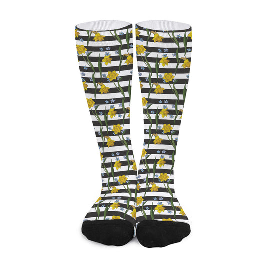 Yellow Daffodil Striped Pattern Print Long Socks