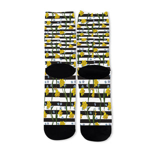 Yellow Daffodil Striped Pattern Print Long Socks