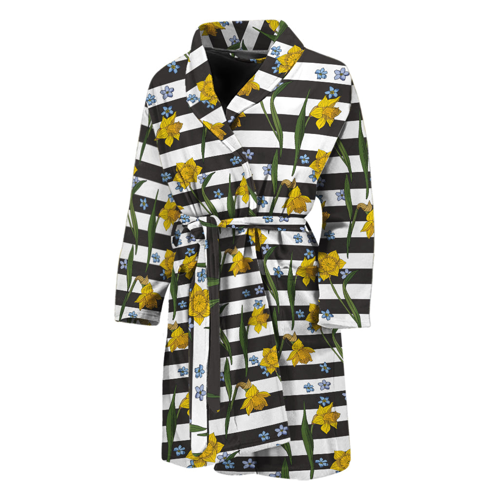 Yellow Daffodil Striped Pattern Print Men's Bathrobe