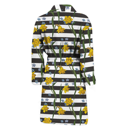 Yellow Daffodil Striped Pattern Print Men's Bathrobe