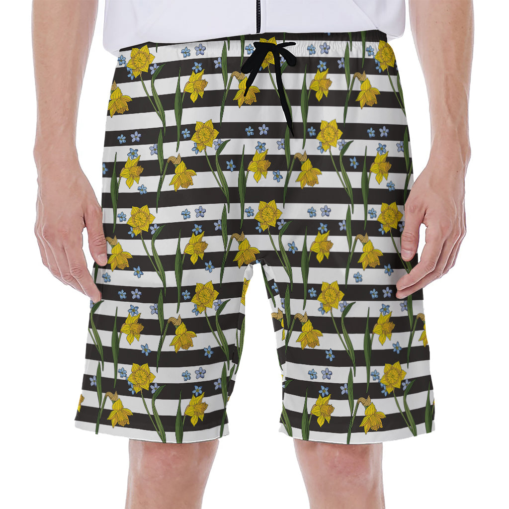 Yellow Daffodil Striped Pattern Print Men's Beach Shorts