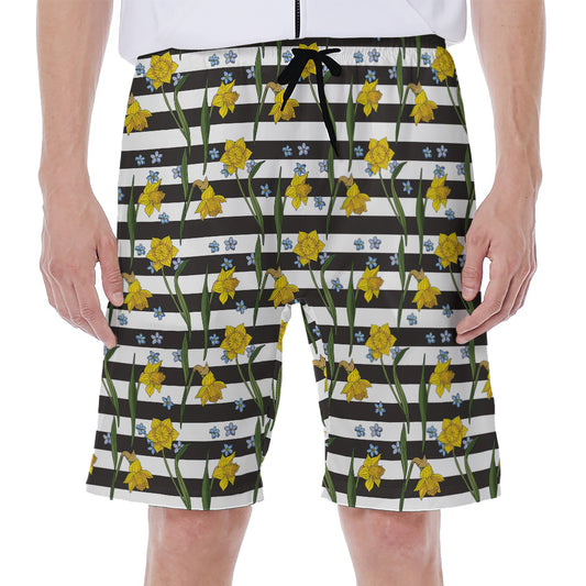Yellow Daffodil Striped Pattern Print Men's Beach Shorts