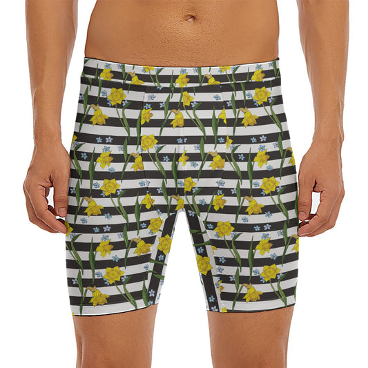 Yellow Daffodil Striped Pattern Print Men's Long Boxer Briefs