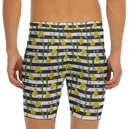 Yellow Daffodil Striped Pattern Print Men's Long Boxer Briefs