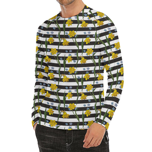 Yellow Daffodil Striped Pattern Print Men's Long Sleeve Rash Guard
