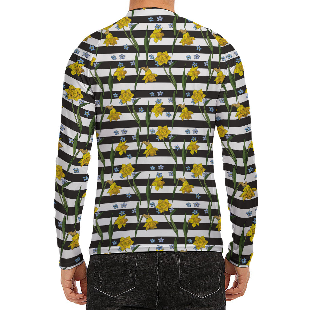 Yellow Daffodil Striped Pattern Print Men's Long Sleeve Rash Guard
